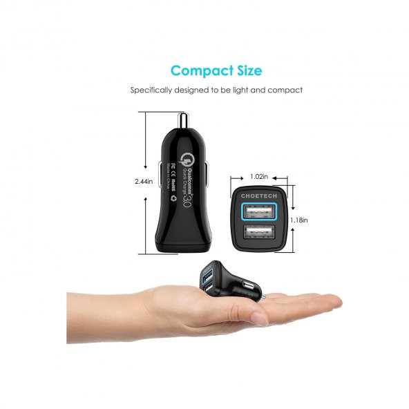 Choetech 36W Çift USB Çıkışlı Quickcharge 3.0 Araç Şarj Cihazı - C0051-V5 - Siyah - 3