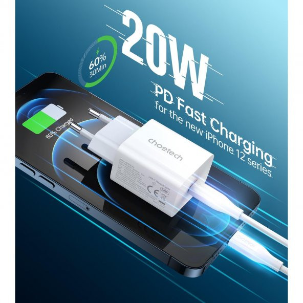 Choetech PD 20W USB-C Hızlı Güç Adaptörü - Apple iPhone Hızlı Şarj Uyumlu - PD5005 - Beyaz - 2