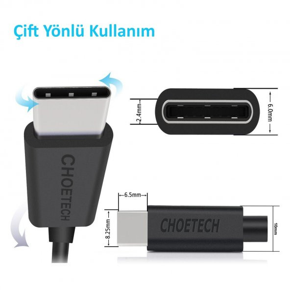 Choetech USB-C to USB-A Data ve Şarj Kablosu - 2 Metre - AC0003 - Siyah - Resim 2