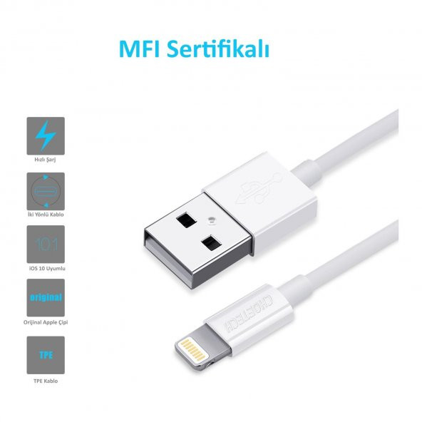 Choetech Lightning USB Şarj Kablosu MFI Lisanslı 1.8 Metre - IP0027 - Beyaz - Resim 2