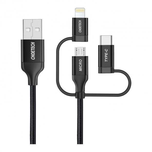 Choetech 3in1 Lightning + USB-C + Micro USB Hızlı Şarj ve Data Kablosu - Apple MFI Lisanslı - IP0030 - Siyah - 2