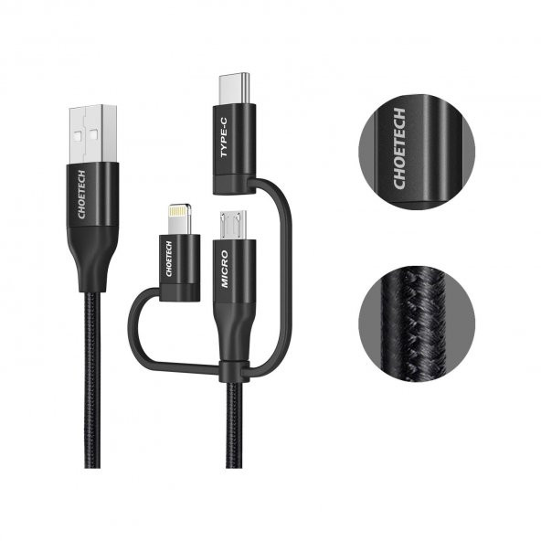 Choetech 3in1 Lightning + USB-C + Micro USB Hızlı Şarj ve Data Kablosu - Apple MFI Lisanslı - IP0030 - Siyah - 4