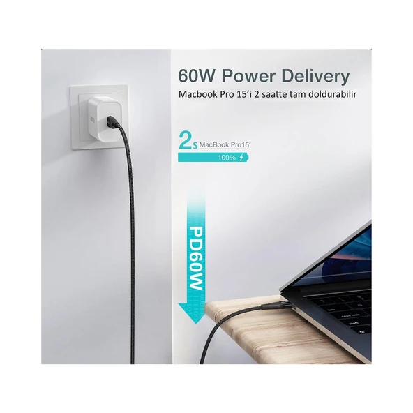 Choetech 60W USB-C to USB-C Hızlı Şarj Destekli Data Kablosu - 2 Metre - XCC-1004 - Siyah - Resim 2