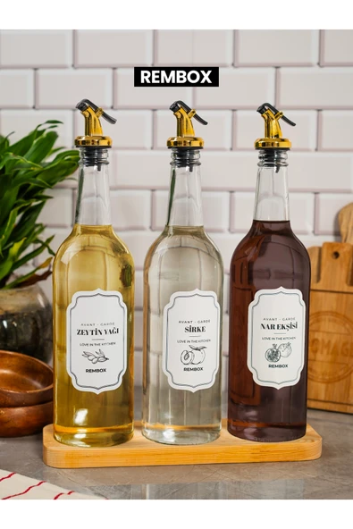 Rembox Ahşap Standlı 3'lü Gold Tıpalı Zeytinyağ Sirke ve Nar Ekşisi Seti 750ml Yağlık Şişesi Yağdanlık Set ürün görseli 1