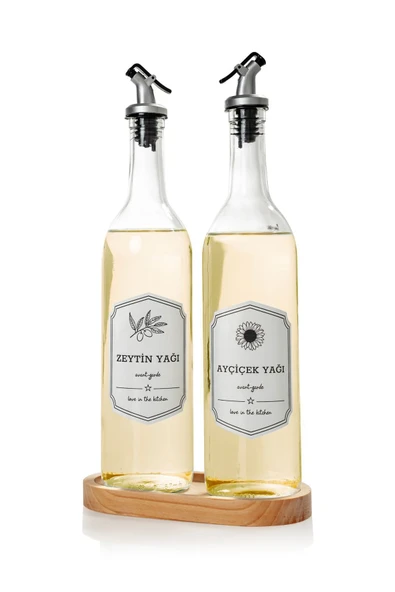 Rembox Ahşap Standlı 2'li Yağ ve Sirke Şişesi 750 ml Zeytinyağ Sıvıyağ Şişesi Şeffaf Yağdanlık Yağlık - Resim 3