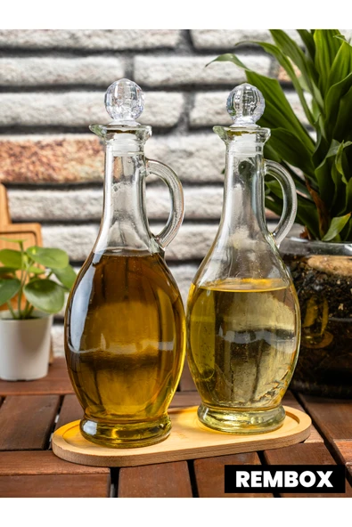 Rembox Bambu Standlı Kulplu Yağdanlık Seti - 500 ml Kristal Tıpalı Zeytinyağ Sirke Nar Ekşisi Şişesi ürün görseli 1