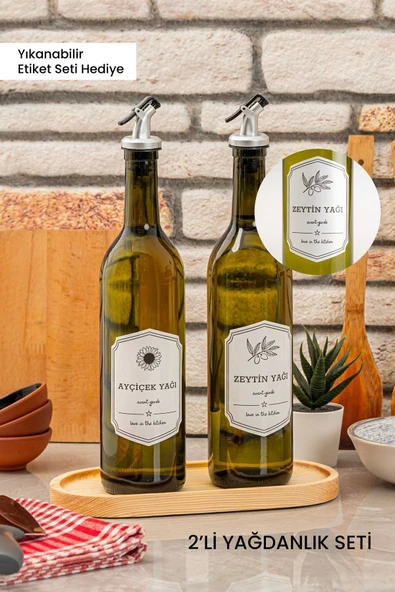 Rembox Ahşap Stantlı 2'li Yağ Şişesi - Zeytinyağı Sıvıyağ Şişesi - Dekoratif Yağdanlık Yağlık 750 ml ürün görseli 1