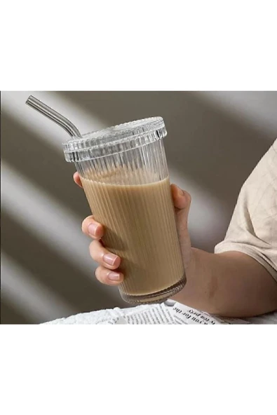 Lazzy House Pinterest Favorilerinden "şeritli Bardak" /pipetli Plastik Kahve Bardağı/mika Bardak (cam Pipetli) ürün görseli 1