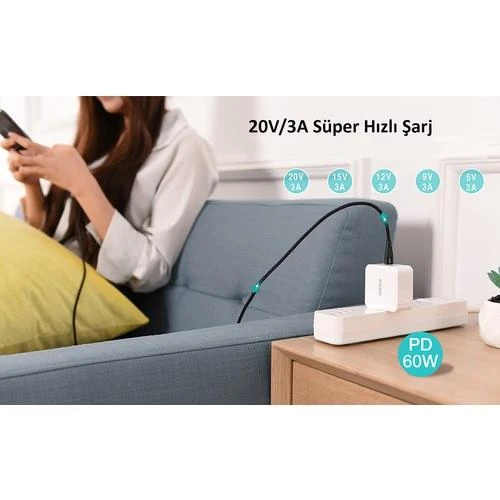 Choetech 60W USB-C to USB-C Hızlı Şarj Destekli Data Kablosu - 2 Metre - XCC-1004 - Siyah - Resim 4