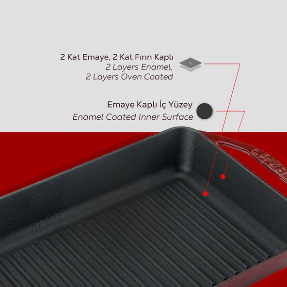 Lava Döküm Dikdörtgen Izgara Tavası Döküm Demir Yekpare Çift Kulplu Ölçü 22x32cm.-Bordo - Resim 6