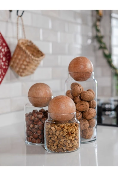 Rembox 3'lü Ahşap Top Kapaklı Cam Kavanoz Seti - Çerezlik - Şekerlik - Saklama Kabı - Resim 2