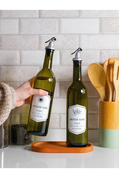 Rembox Ahşap Standlı 2'li Yağ ve Sirke Şişesi 750 ml Zeytinyağ Sıvıyağ Şişesi Dekoratif Yağdanlık Yağlık ürün görseli 1