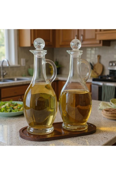 Rembox Bambu Standlı Kulplu Yağdanlık Seti – 2’li 500 ml Kristal Tıpalı (Koyu Renk Altlıklı) ürün görseli 1