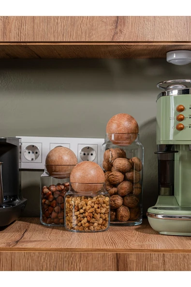 Rembox 3'lü Ahşap Top Kapaklı Cam Kavanoz Seti - Şekerlik - Baharatlık - Çerezlik - Kahve Kabı ürün görseli 1