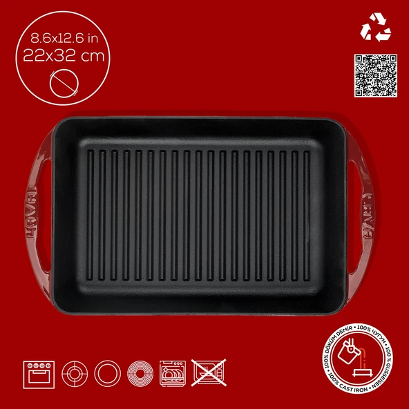 Lava Döküm Dikdörtgen Izgara Tavası Döküm Demir Yekpare Çift Kulplu Ölçü 22x32cm.-Bordo - Resim 4