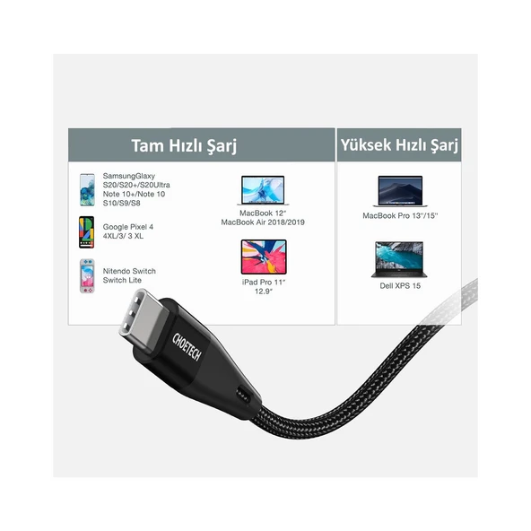Choetech 60W USB-C to USB-C Hızlı Şarj Destekli Data Kablosu - 2 Metre - XCC-1004 - Siyah - Resim 3