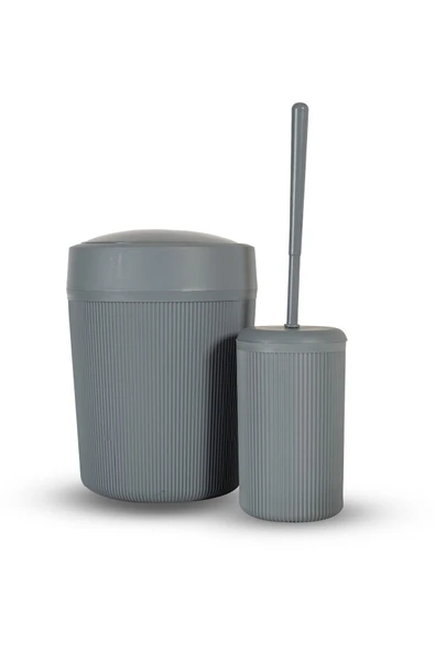 Rembox 2'li Banyo Seti - Pratik Kapaklı Çizgili Çöp Kovası - Fırça Seti 7 lt Çöp Kutusu Banyo Takımı - Resim 2