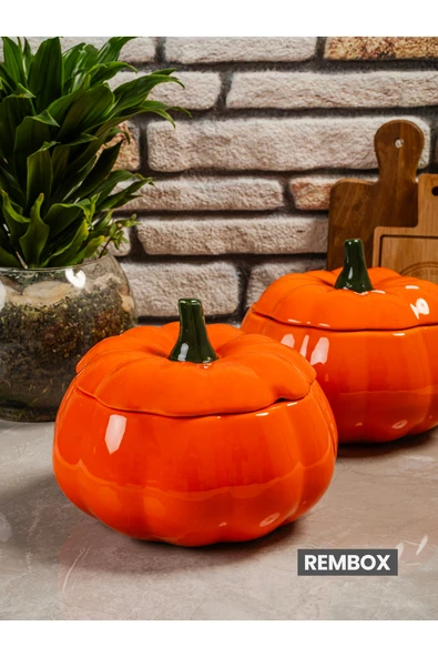 Rembox 2'li Büyük Boy Bal Kabağı Dekoratif Saklama Kabı - Baharatlık Şekerlik 2'li Obje - Resim 3