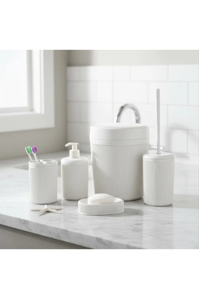Rembox 5'li Banyo Seti 5 Lt Çöp Kovası Tuvalet Fırçası Lavabo Takımı Sabunluk Diş Fırçalık Banyo Takımı - Resim 6
