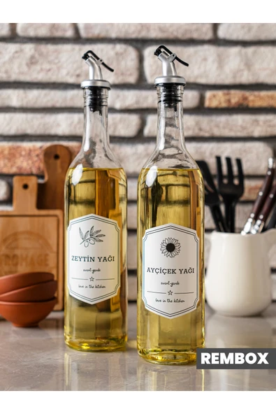 Rembox 2'li Cam Yağ Şişesi 750 ml Zeytinyağı Sıvıyağ Şişesi Şeffaf Yağdanlık Dekoratif Yağlık ürün görseli 1