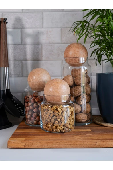 Rembox 3'lü Ahşap Top Kapaklı Cam Kavanoz Seti - Dekoratif Cam Kavanoz Takımı ürün görseli 1