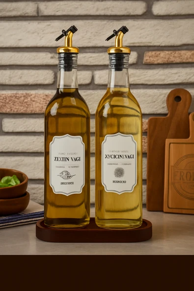 Rembox Ahşap Standlı 2'li Yağ ve Sirke Şişesi Gold Kapaklı 750 ml Yağdanlık Zeytinyağ Sıvıyağ Şişesi ürün görseli 1