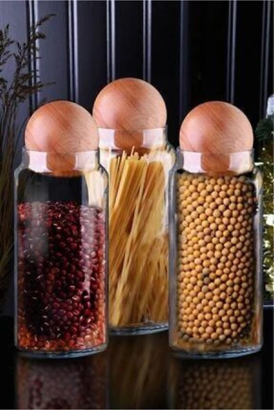 ASİL HOME ELEGANCE Ahşap Top Kapaklı 3lü Cam Kavanoz Seti Çerezlik Baharatlık Saklama Kabı ürün görseli 1