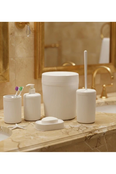 Rembox 5'li Banyo Seti 5 Lt Çöp Kovası Tuvalet Fırçası Lavabo Takımı Sabunluk Diş Fırçalık Banyo Takımı - Resim 2