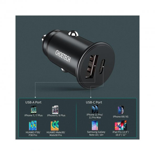 Choetech PD 20W USB-C + USB 18W Hızlı Araç Şarj Cihazı Apple iPhone Hızlı Şarj Uyumlu - TC0006 - Siyah - Resim 5
