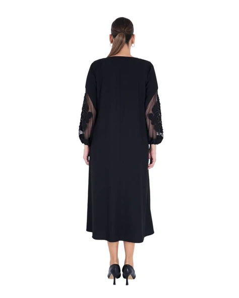 Büyük Beden Çiçek Motifli Tül Detaylı Kapri Kol V Yaka Uzun Kadın Elbise - Resim 3