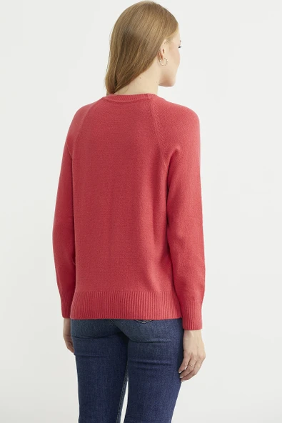 Motifli Daire Yaka Triko Kazak - Gül - Resim 5