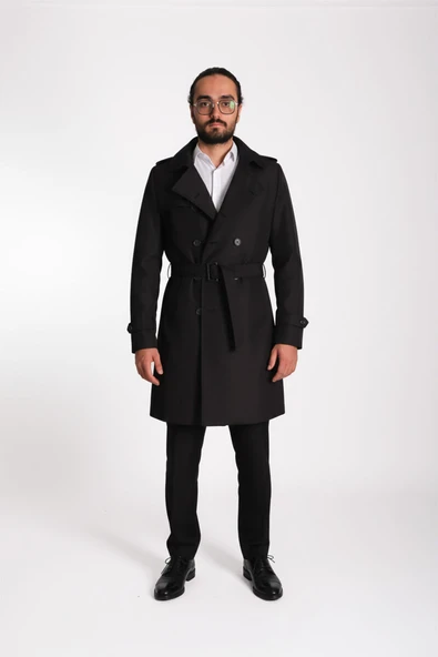 Regular Fit Kruvaze Kapama Kemerli Apoletli Uzun Trençkot - Resim 10