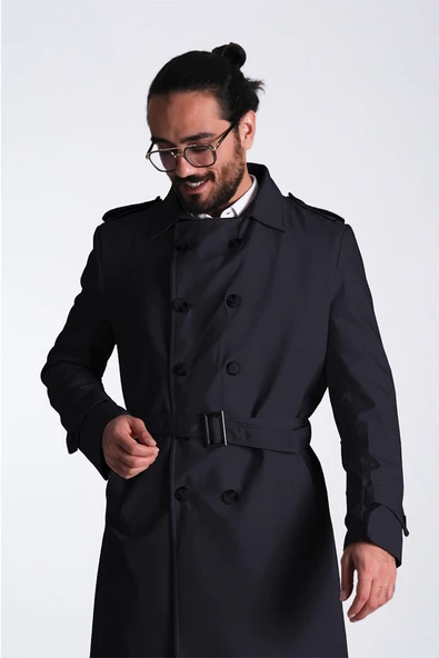 Regular Fit Kruvaze Kapama Kemerli Apoletli Uzun Trençkot - Resim 6