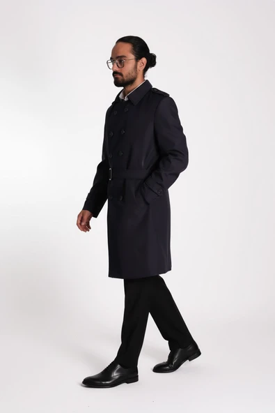 Regular Fit Kruvaze Kapama Kemerli Apoletli Uzun Trençkot - Resim 2