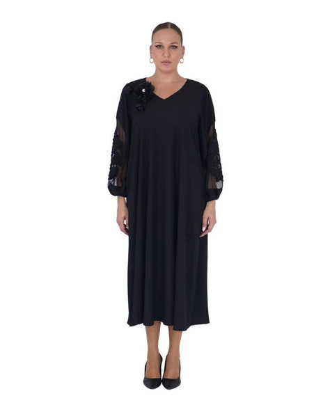 Büyük Beden Çiçek Motifli Tül Detaylı Kapri Kol V Yaka Uzun Kadın Elbise ürün görseli 1