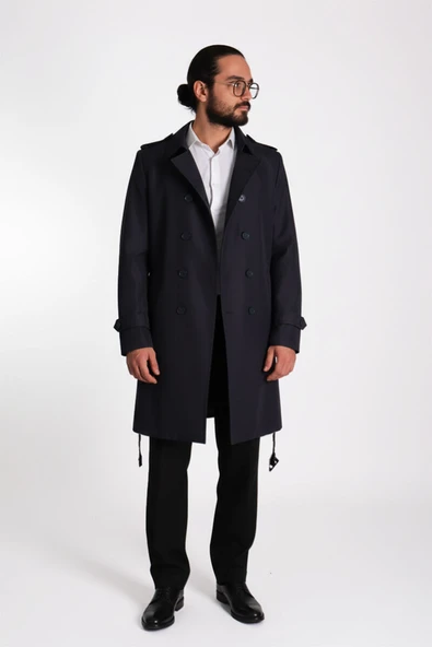 Regular Fit Kruvaze Kapama Kemerli Apoletli Uzun Trençkot - Resim 4