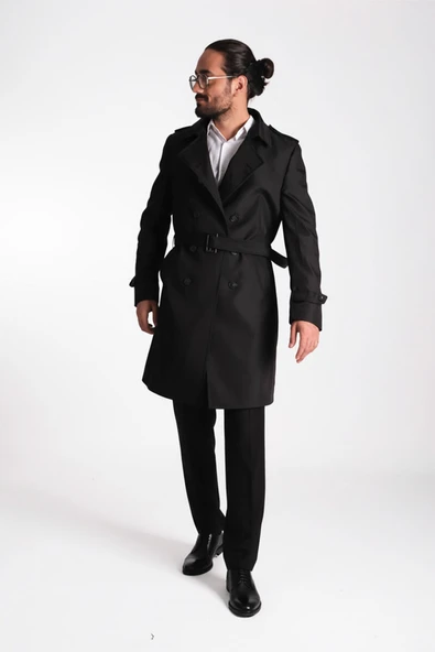 Regular Fit Kruvaze Kapama Kemerli Apoletli Uzun Trençkot - Resim 8