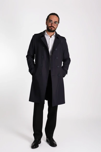 Regular Fit Kruvaze Kapama Kemerli Apoletli Uzun Trençkot - Resim 3