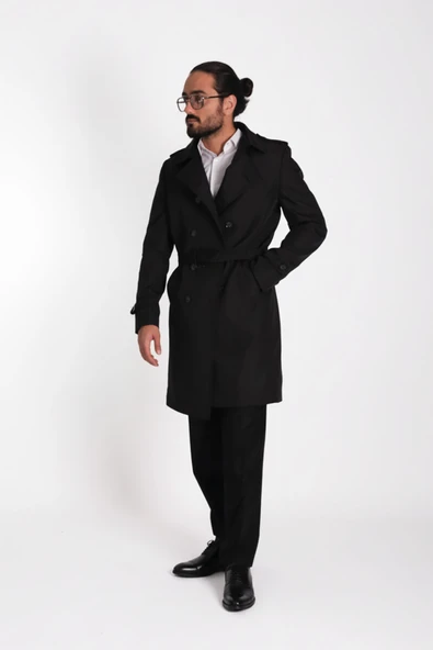 Regular Fit Kruvaze Kapama Kemerli Apoletli Uzun Trençkot - Resim 9