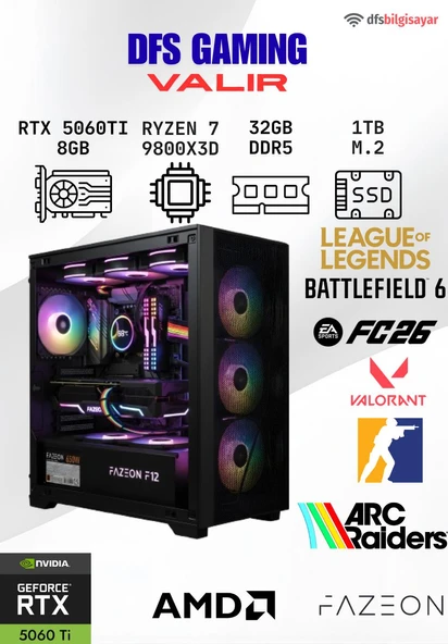 DFS GAMING VALIR RYZEN 7 9800X3D-B650M-RTX 5060 TI 8GB-32GB DDR5 RAM-1TB M.2 SSD-MASAÜSTÜ OYUNCU BİLGİSAYARI ürün görseli 1