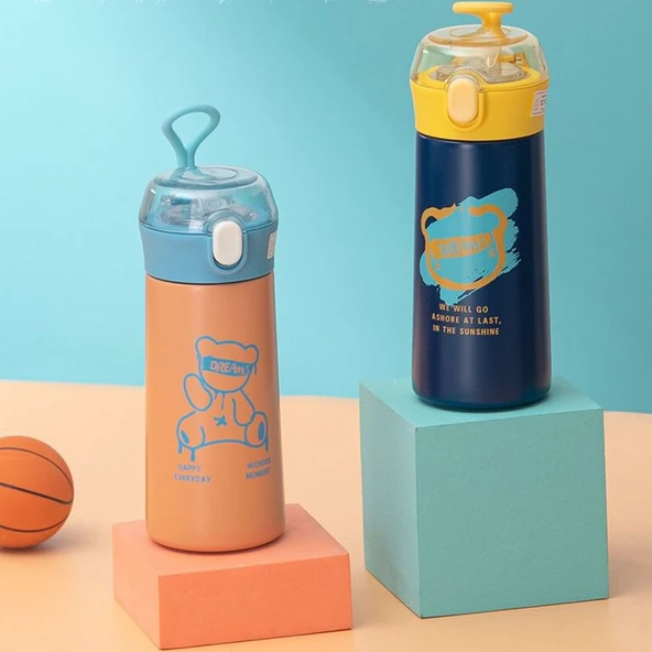 Çelik Matara Silikon Pipetli Ayıcıklı Suluk- Mavi - Resim 3