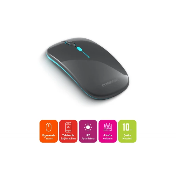 Polosmart PSWM20 Led Aydınlatmalı Sessiz Kablosuz Bluetooth 1600DPI Mouse Gri - Resim 2
