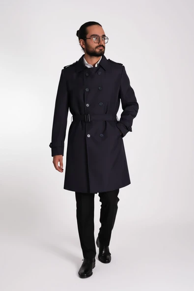 Regular Fit Kruvaze Kapama Kemerli Apoletli Uzun Trençkot ürün görseli 1