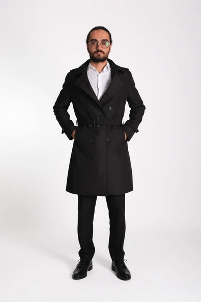 Regular Fit Kruvaze Kapama Kemerli Apoletli Uzun Trençkot - Resim 11