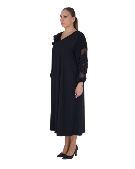 Büyük Beden Çiçek Motifli Tül Detaylı Kapri Kol V Yaka Uzun Kadın Elbise - Resim 2