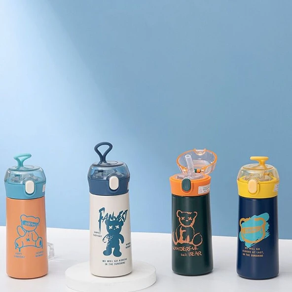 Çelik Matara Silikon Pipetli Ayıcıklı Suluk- Mavi - Resim 5