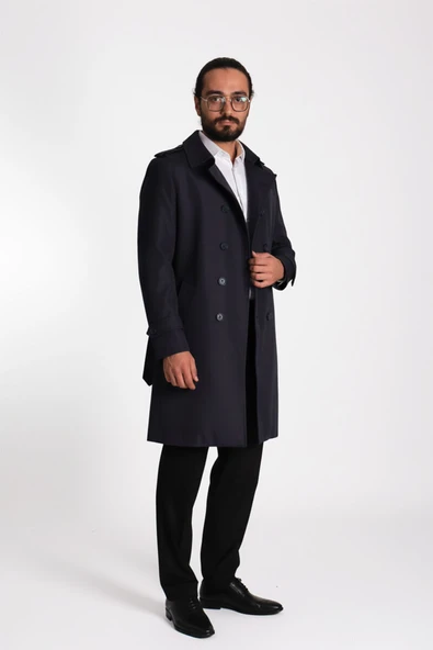 Regular Fit Kruvaze Kapama Kemerli Apoletli Uzun Trençkot - Resim 5