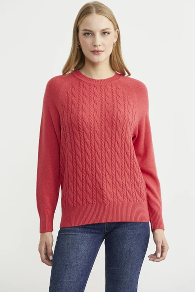 Motifli Daire Yaka Triko Kazak - Gül ürün görseli 1