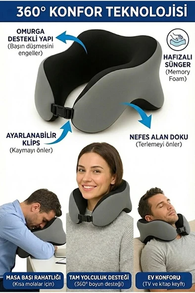 VISCORA Space Memory Foam Ortopedik Boyun Yastığı – Seyahat ve Ofis Kullanımı - Resim 2