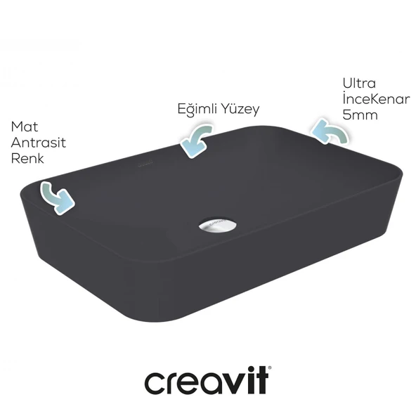 Ultra Dikdörtgen Çanak Lavabo 60 cm Mat Antrasit - Resim 4